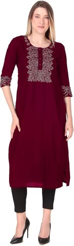 ladyline Rayon Plain Kurti Tunic with Ethnic Patch and Kantha Stitch Hand Work Kurta Top (REK HTP) in Kuwait