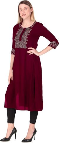 ladyline Rayon Plain Kurti Tunic with Ethnic Patch and Kantha Stitch Hand Work Kurta Top (REK HTP) in Kuwait