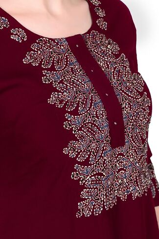 ladyline Rayon Plain Kurti Tunic with Ethnic Patch and Kantha Stitch Hand Work Kurta Top (REK HTP) in Kuwait