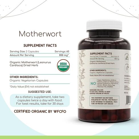 Motherwort USDA Organic 60 Capsules | Natural Herbal Supplement | Certified Organic Vegetarian Capsules and Organic Motherwort (Leonurus Cardiaca) Dried Herb (60 Capsules) in Saudi Arabia