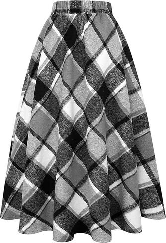 Women's Long Plaid Wool Skirt Fall Winter High Waist A-line Pleated Wool Tartan Skirts in Kuwait