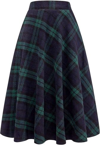 Women's Long Plaid Wool Skirt Fall Winter High Waist A-line Pleated Wool Tartan Skirts in Kuwait