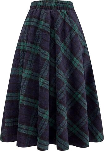 Women's Long Plaid Wool Skirt Fall Winter High Waist A-line Pleated Wool Tartan Skirts in Kuwait