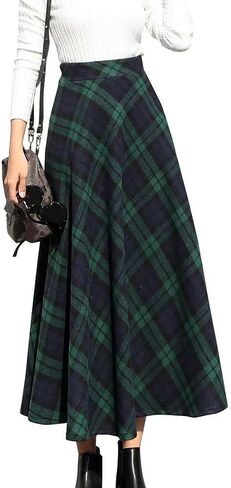 Women's Long Plaid Wool Skirt Fall Winter High Waist A-line Pleated Wool Tartan Skirts in Kuwait