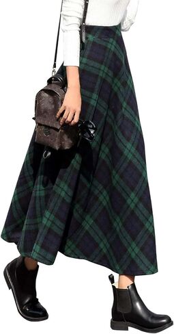 Women's Long Plaid Wool Skirt Fall Winter High Waist A-line Pleated Wool Tartan Skirts in Kuwait