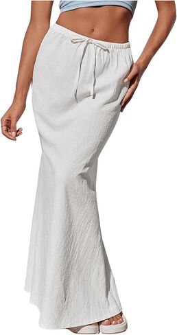 SHENHE Women's Low Rise Drawstring Waist Flare Maxi Skirt Solid Simple Casual Long Skirt in Saudi Arabia
