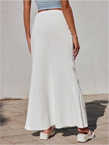 SHENHE Women's Low Rise Drawstring Waist Flare Maxi Skirt Solid Simple Casual Long Skirt in Saudi Arabia
