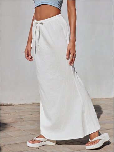 SHENHE Women's Low Rise Drawstring Waist Flare Maxi Skirt Solid Simple Casual Long Skirt in Saudi Arabia