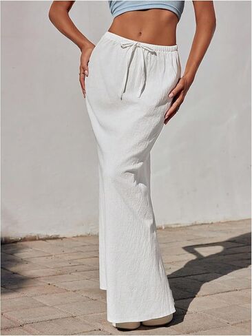 SHENHE Women's Low Rise Drawstring Waist Flare Maxi Skirt Solid Simple Casual Long Skirt in Saudi Arabia