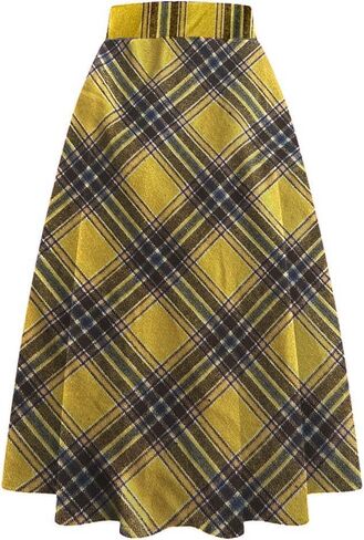 Women's Long Plaid Wool Skirt Fall Winter High Waist A-line Pleated Wool Tartan Skirts in Kuwait