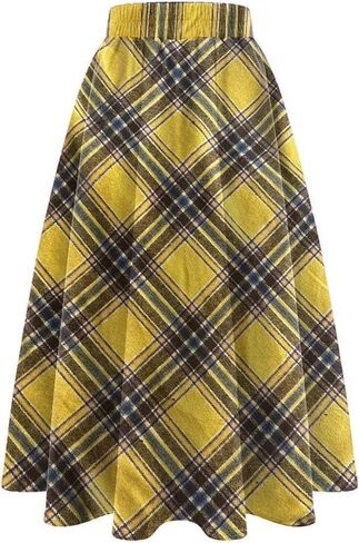 Women's Long Plaid Wool Skirt Fall Winter High Waist A-line Pleated Wool Tartan Skirts in Kuwait