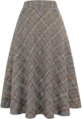 Women's Long Plaid Wool Skirt Fall Winter High Waist A-line Pleated Wool Tartan Skirts in Kuwait
