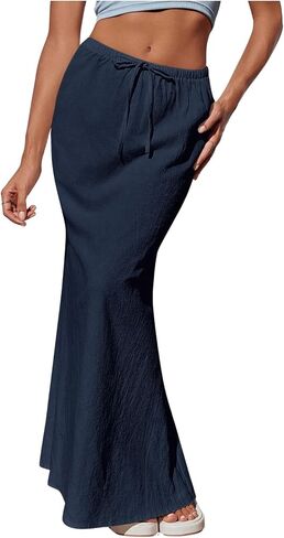 SHENHE Women's Low Rise Drawstring Waist Flare Maxi Skirt Solid Simple Casual Long Skirt in Saudi Arabia