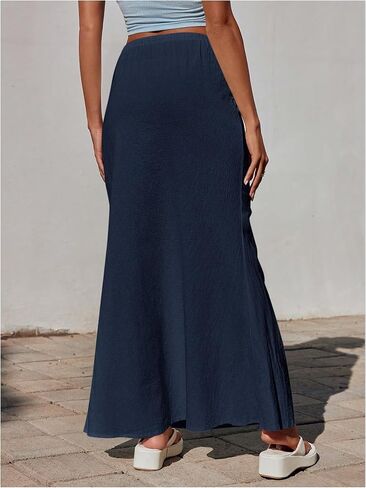 SHENHE Women's Low Rise Drawstring Waist Flare Maxi Skirt Solid Simple Casual Long Skirt in Saudi Arabia
