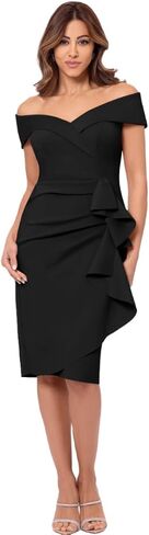 فستان Xscape نسائي قصير مكشكش مكشوف الكتفين مع سحاب خلفي في المنتصف in Kuwait