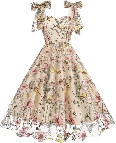 Floral Embroidery Dress for Women Sleeveless Spaghetti Straps Floral Mesh Dress Cocktail Embroidered Tulle Dress in Saudi Arabia