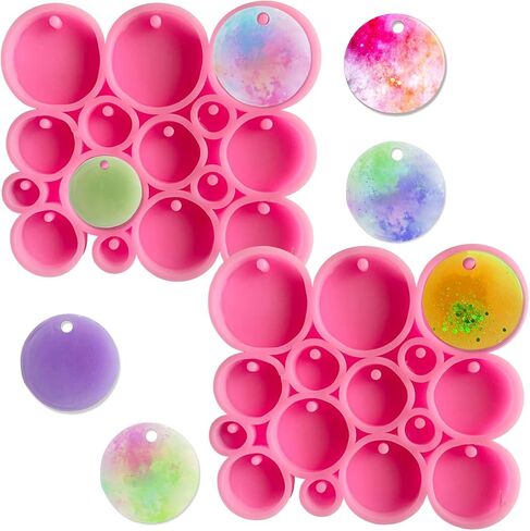 2 قطعة مزيج صغير دائرة مستديرة سيليكون قالب سلسلة المفاتيح 30 تجاويف 0.39 "0.59" 0.79 "0.98" 1.18" قالب صب الراتنج المسطح مع ثقب المرأة القرط قلادة قلادة راتنجات الايبوكسي قالب الحرف اليدوية in Kuwait