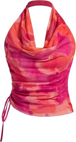 SHENHE Women's Tie Dye Halter Neck Draped Front Ruched Drawstring Backless Crop Top in Saudi Arabia