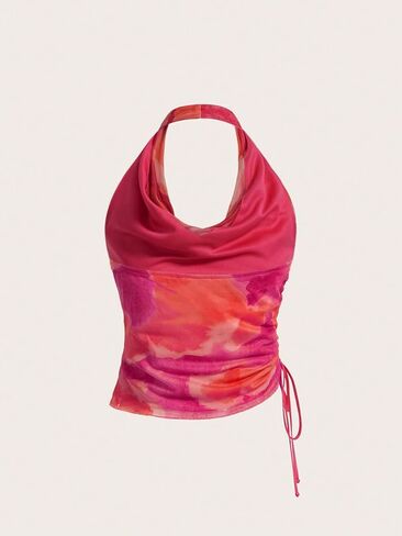 SHENHE Women's Tie Dye Halter Neck Draped Front Ruched Drawstring Backless Crop Top in Saudi Arabia