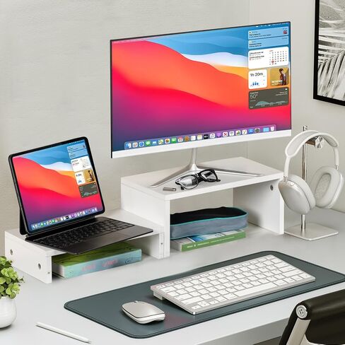 FurnitureR Monitor Stand Riser for Desk 2 Pack, Computer Riser Monitor Stand, Monitor Riser Stand MDF for Monitors/Laptop/PC, White in Kuwait