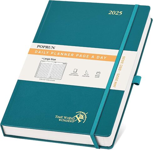 POPRUN 2025 Daily Planner One Page Per Day Even Weekends A5 Size (5.5" x 8.5") - 2025 Daily Calendar Hourly Appointment Book with Pocket, Monthly Tabs, Pen Holder, Hardcover - Pacific Green in Saudi Arabia
