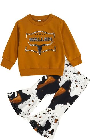Hnyenmcko Toddler Western Baby Girl Clothes Bell Bottom Outfits Long Sleeve Cowgirl Sweatshirt + Cow Print Pants Fall Outfit in Kuwait