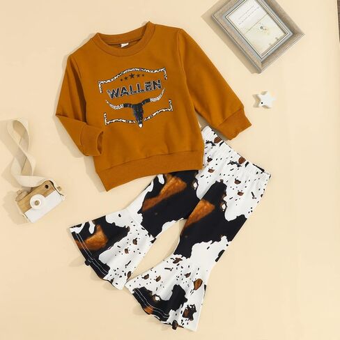 Hnyenmcko Toddler Western Baby Girl Clothes Bell Bottom Outfits Long Sleeve Cowgirl Sweatshirt + Cow Print Pants Fall Outfit in Kuwait