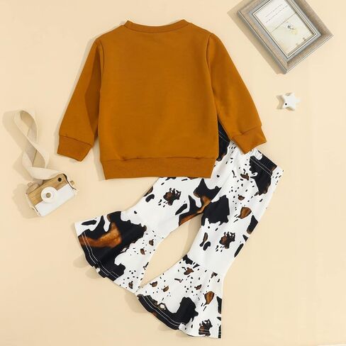 Hnyenmcko Toddler Western Baby Girl Clothes Bell Bottom Outfits Long Sleeve Cowgirl Sweatshirt + Cow Print Pants Fall Outfit in Kuwait