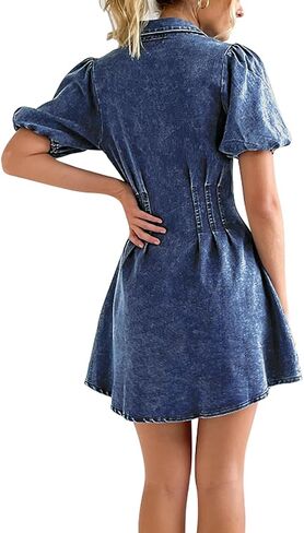 AMRSPENG Denim Dress for Women Puff Sleeve Slim Fit Jean Dresses for Women 2023 Summer Casual in Kuwait