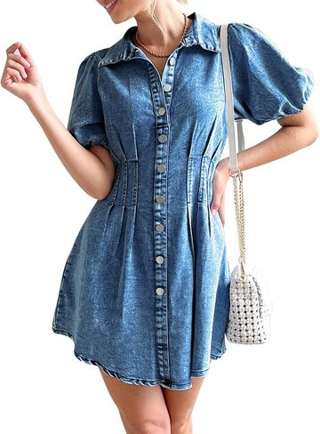 AMRSPENG Denim Dress for Women Puff Sleeve Slim Fit Jean Dresses for Women 2023 Summer Casual in Kuwait