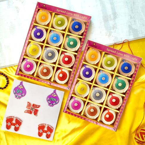 SATVIK 12 Pc Multicolor Clay Diya Terracotta Dia Traditional Puja Vilakku Oil Lamp Natural Mitti Diya Tea Light Welcome Diwali Deepawali Navratri Pooja Décorations Indian Housewarming Return Gift Item in Saudi Arabia