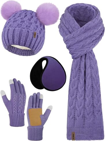 Aneco Winter Beanie Hat with Pom Pom Scarf Touchscreen Gloves Ear Warmer Women Fleece Lined 4 in 1 Set for Cold Weather in Saudi Arabia