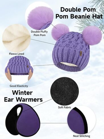 Aneco Winter Beanie Hat with Pom Pom Scarf Touchscreen Gloves Ear Warmer Women Fleece Lined 4 in 1 Set for Cold Weather in Saudi Arabia