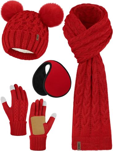Aneco Winter Beanie Hat with Pom Pom Scarf Touchscreen Gloves Ear Warmer Women Fleece Lined 4 in 1 Set for Cold Weather in Saudi Arabia