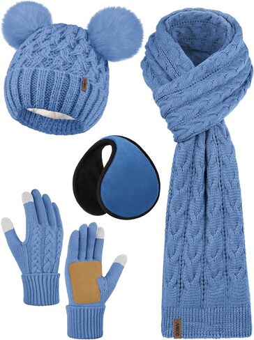 Aneco Winter Beanie Hat with Pom Pom Scarf Touchscreen Gloves Ear Warmer Women Fleece Lined 4 in 1 Set for Cold Weather in Saudi Arabia