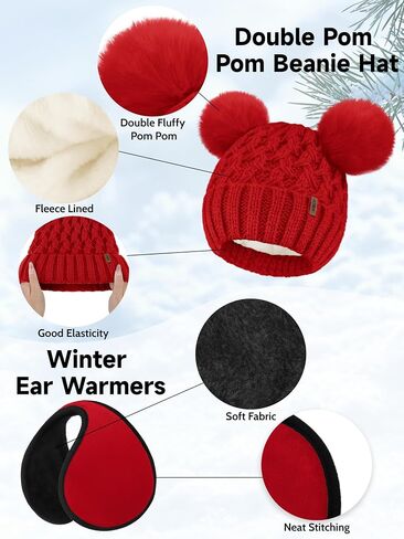 Aneco Winter Beanie Hat with Pom Pom Scarf Touchscreen Gloves Ear Warmer Women Fleece Lined 4 in 1 Set for Cold Weather in Saudi Arabia