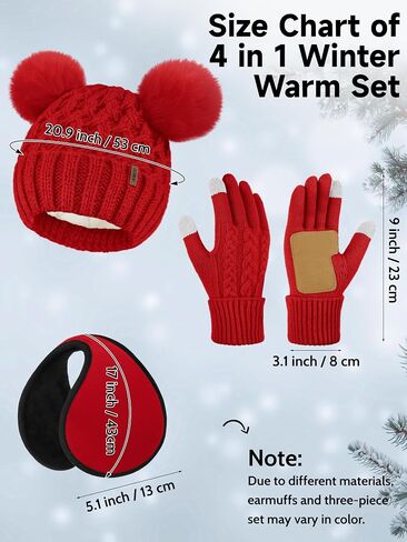 Aneco Winter Beanie Hat with Pom Pom Scarf Touchscreen Gloves Ear Warmer Women Fleece Lined 4 in 1 Set for Cold Weather in Saudi Arabia