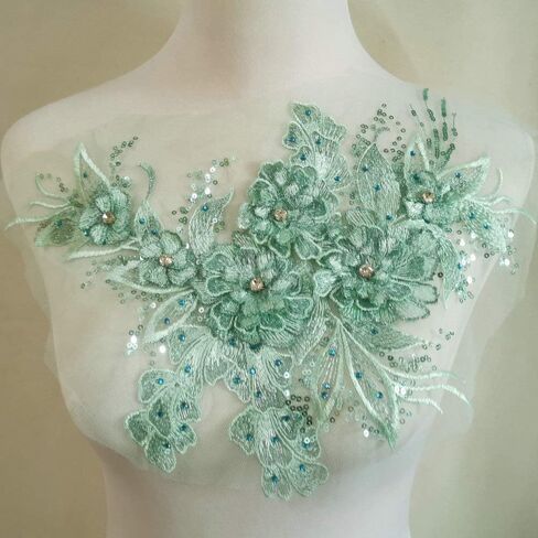 Embroidery Three-Dimensional Pattern Sequin Nail Bead Water Drill Cloth Stick Lace Pattern Handmade DIY Decal Clothing Decoration Accessories (Light Green) in Saudi Arabia