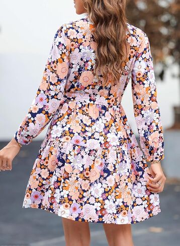 Dokotoo Womens Floral Boho Dress 2024 Casual Crewneck Button Long Sleeve Empire Waist Belted Flowy Mini Dress in Saudi Arabia