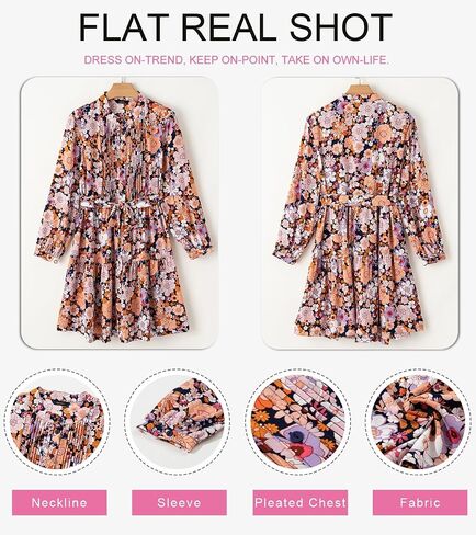Dokotoo Womens Floral Boho Dress 2024 Casual Crewneck Button Long Sleeve Empire Waist Belted Flowy Mini Dress in Saudi Arabia
