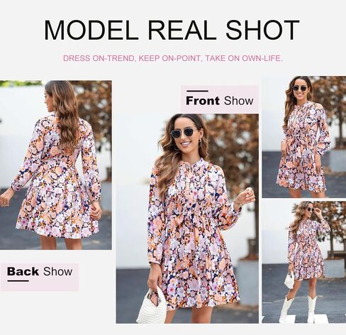 Dokotoo Womens Floral Boho Dress 2024 Casual Crewneck Button Long Sleeve Empire Waist Belted Flowy Mini Dress in Saudi Arabia