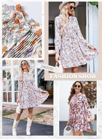 Dokotoo Womens Floral Boho Dress 2024 Casual Crewneck Button Long Sleeve Empire Waist Belted Flowy Mini Dress in Saudi Arabia