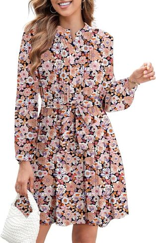 Dokotoo Womens Floral Boho Dress 2024 Casual Crewneck Button Long Sleeve Empire Waist Belted Flowy Mini Dress in Saudi Arabia