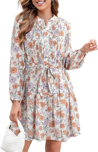Dokotoo Womens Floral Boho Dress 2024 Casual Crewneck Button Long Sleeve Empire Waist Belted Flowy Mini Dress in Saudi Arabia