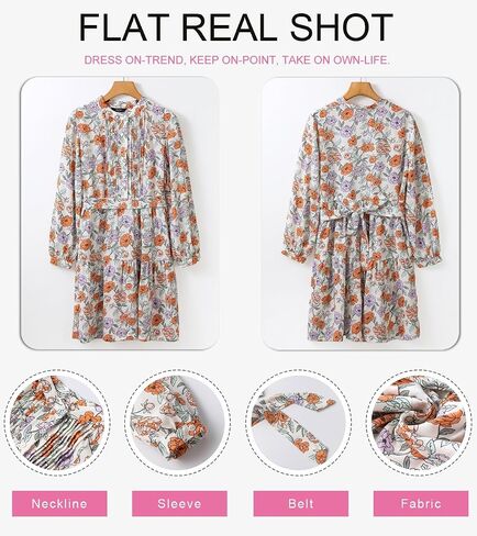 Dokotoo Womens Floral Boho Dress 2024 Casual Crewneck Button Long Sleeve Empire Waist Belted Flowy Mini Dress in Saudi Arabia