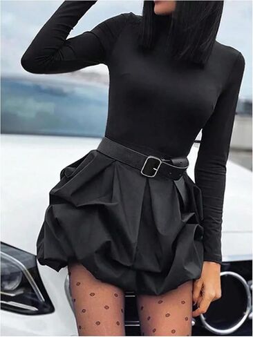MakeMeChic Women's Long Sleeve Mock Neck Mini Dress Ruffle Hem A Line Short Dresses in Kuwait