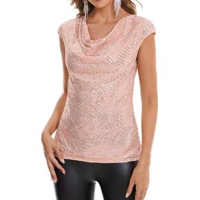 Sequin Tops for Women Cowl Neck Cap Sleeve Sparkly Top Glitter Evening Cocktail Blouse Club Party Shirt