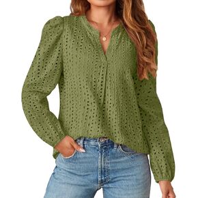 MEROKEETY Women's Hollow Out Lace Blouse Eyelet Embroidery Puff Long Sleeve V Neck Fall Boho Top Shirts