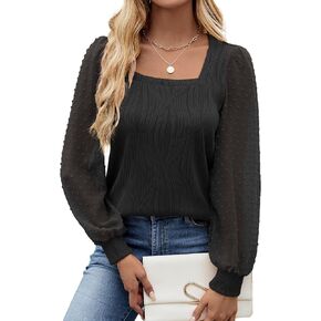 JUSTFASHIONNOW Fall Long Sleeve Shirts for Women Blouses Dressy Casual Square Neck Puff Sleeve Tops Textured Knit T Shirts