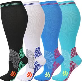 Kickticks Plus Size Compression Socks-Wide Calf Knee High Socks for Men & Women, 20-30mmHg, Available in 2XL to 4XL, 4 Pairs
